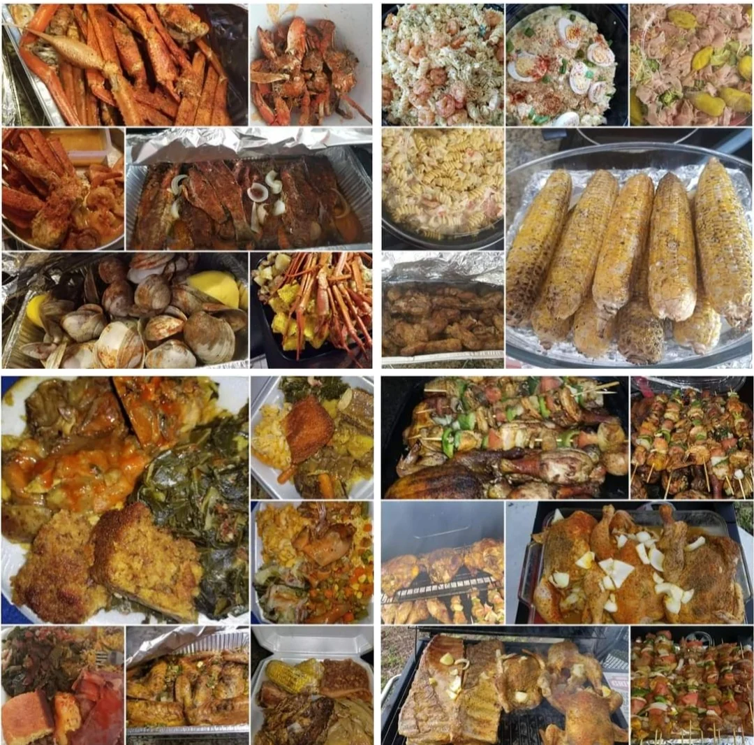 Mosaico de bandejas de catering: patas de cangrejo, costillas, mazorcas, ensaladas y salmón