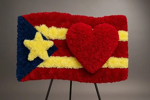 Bandera de Puerto Rico tejida en claveles rojos, azules y amarillos con corazón de flores al centro