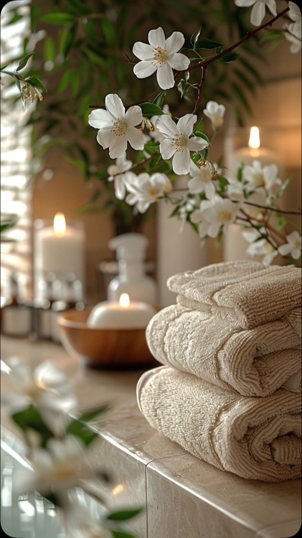 Ambiente de calma: toallas, velas y flores en Ama Grazie Holistic
