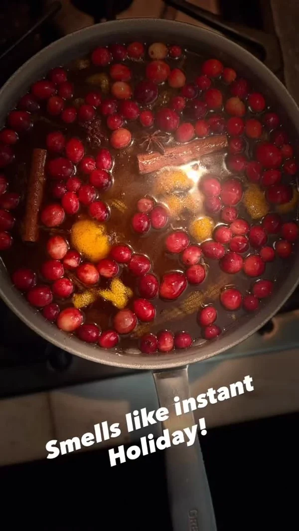 Arándanos y cítricos cocinándose en olla para el sirope Cranberry Spice