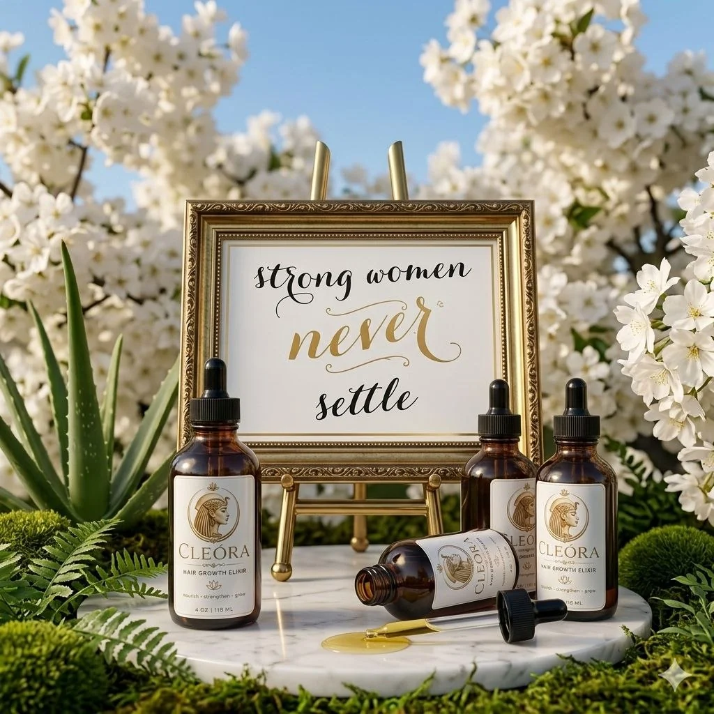 Cleóra · marco dorado con caligrafía 'strong women never settle', frascos sobre musgo entre cherry blossoms y aloe