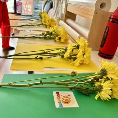 Flores amarillas frescas sobre las mesas antes de un taller de acuarela