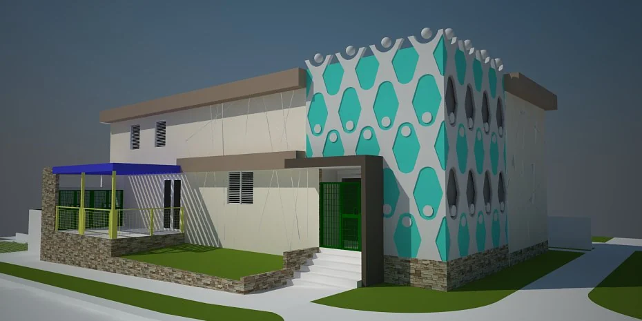 Edificio de Just For Kids en Caguas, fachada con paneles hexagonales
