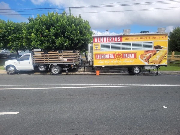 Lado del trailer con el lechón asándose a la vista en la ventana
