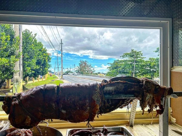El cerdo girando en la varilla frente a la carretera