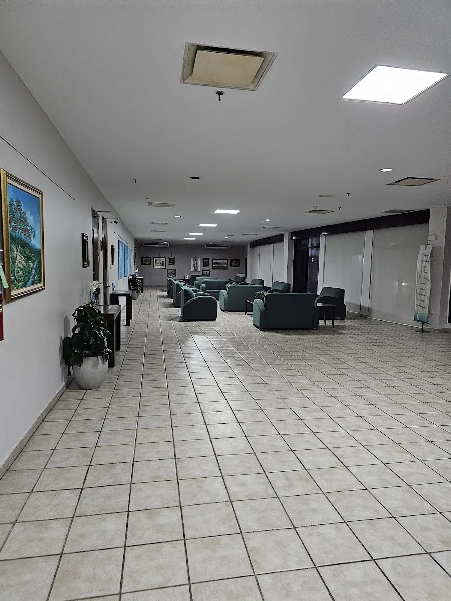 Sala de estar para familias con butacas y obra del flamboyán puertorriqueño