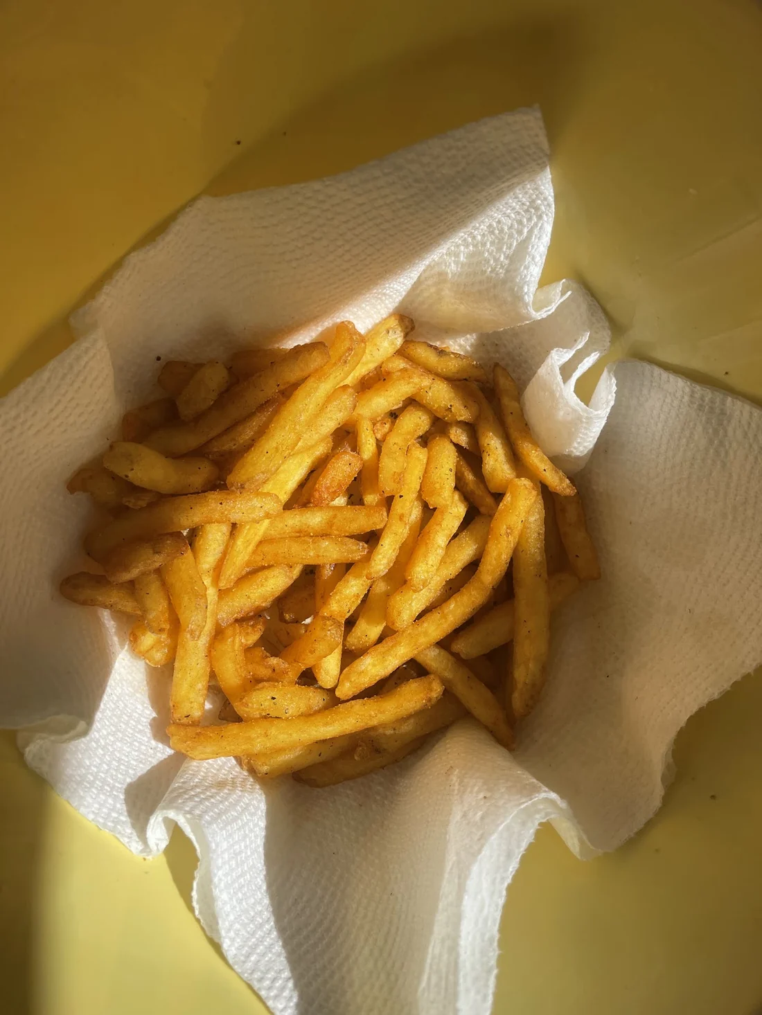 Papas fritas doradas y sazonadas recién salidas de la freidora sobre papel absorbente