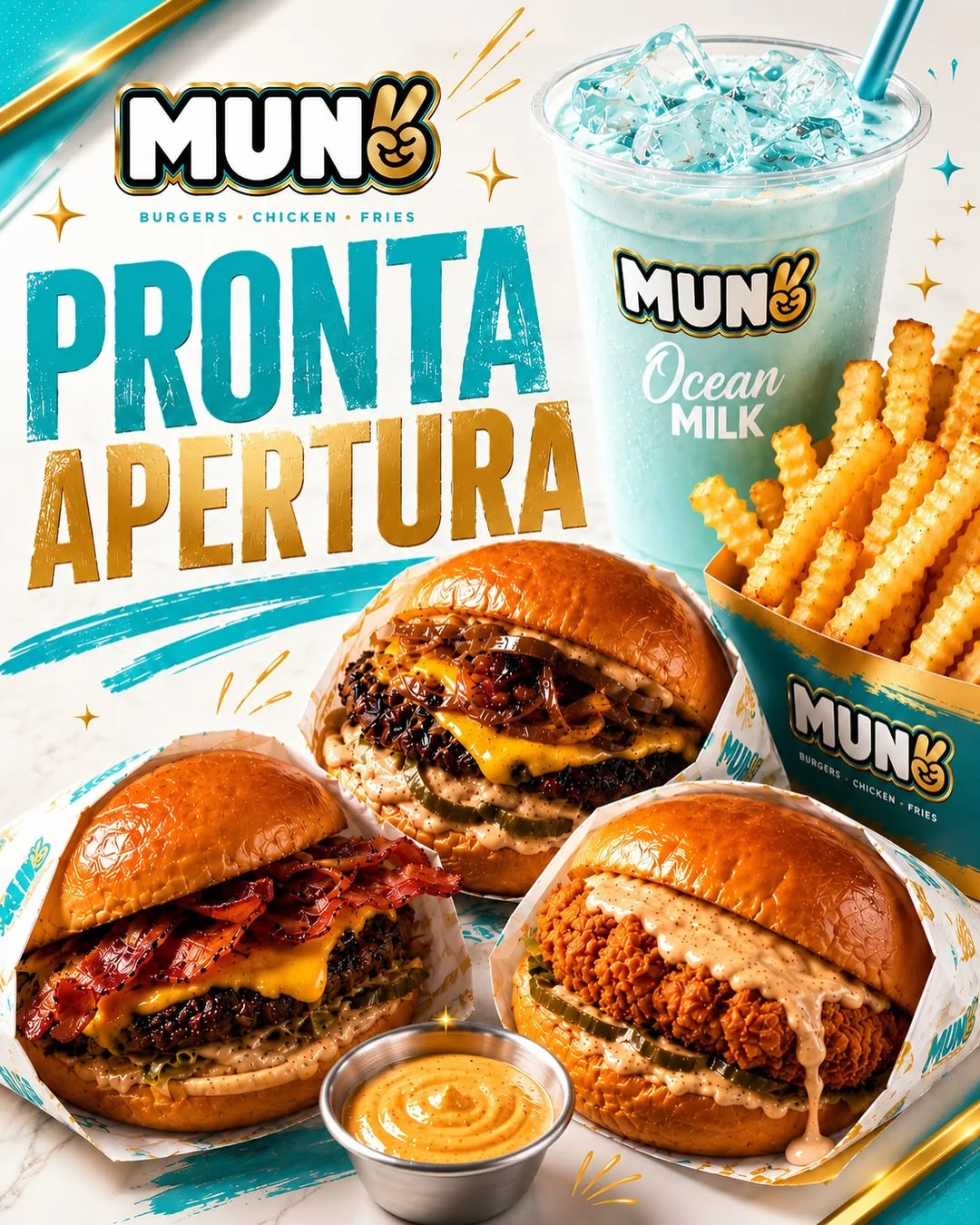 Pronta apertura — spread de burgers, Ocean Milk y papas Mun2