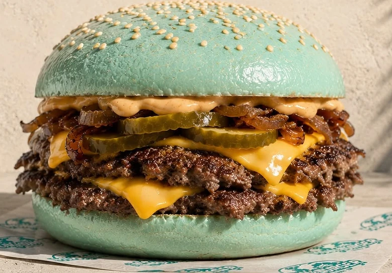Burger firma de Mun2 con pan teal turquesa, doble smash y queso derretido