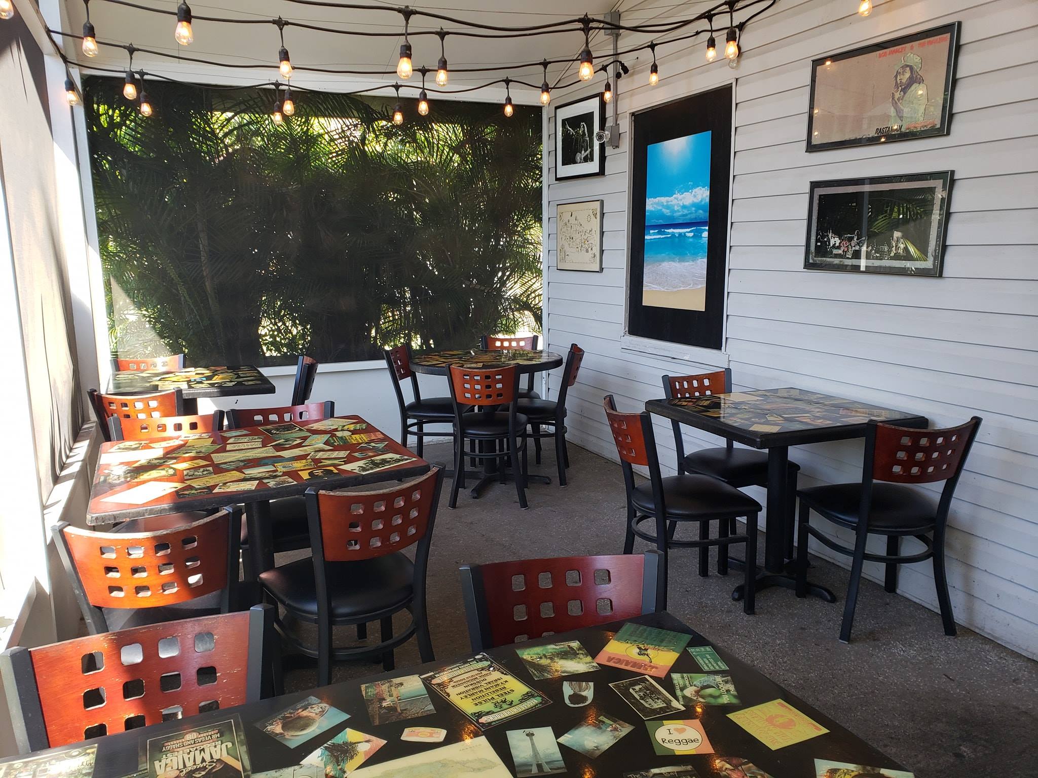 Covered dining patio with string lights